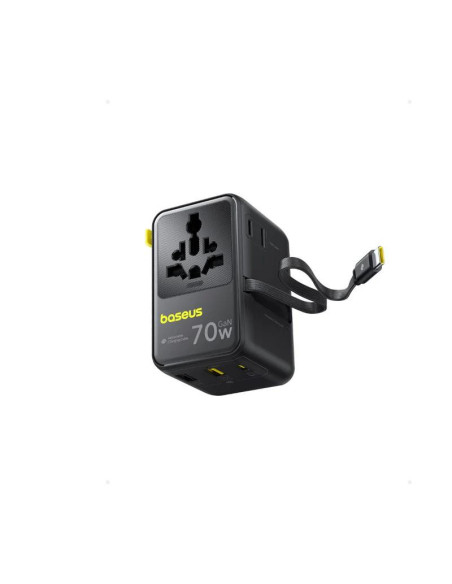 INCARCATOR retea Baseus EnerCore CG11, 70W, adaptor universal de retea, 2 x AC, 2 x USB, 2 x USB Type-C, cablu retractabil USB T
