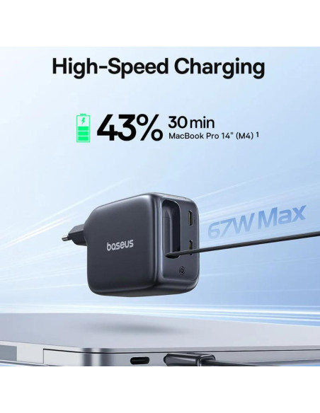 INCARCATOR retea Baseus EnerCore CJ11, Quick Charge 67W, 2 x USB Type-C, cablu USB Type-C retractabil integrat, negru "E0121E00"
