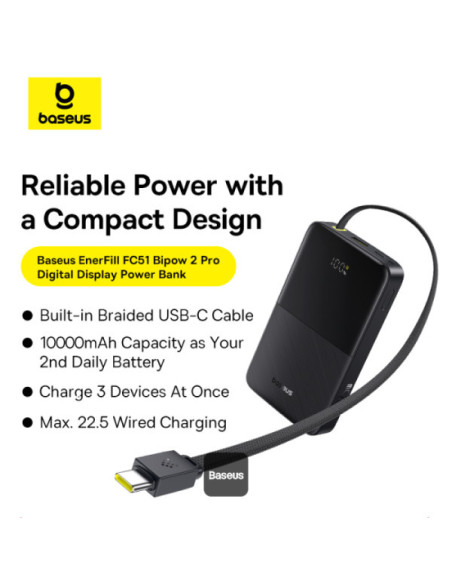 POWER BANK Baseus EnerFill FC51 Bipow 2 Pro Digital, capacitate 30000mAh 22.5W, 1 x USB, 1 x USB Type-C, cablu integrat USB Type