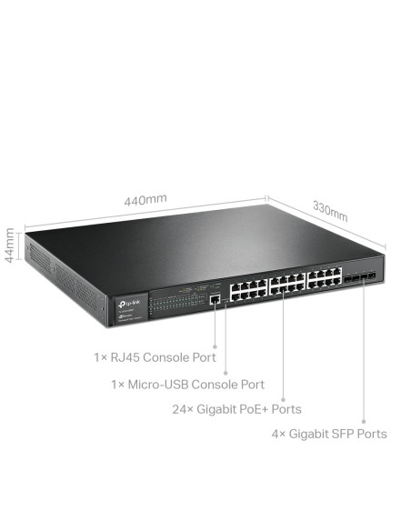 Switch TP-Link cu management L2, 24 Porturi Gigabit POE+, 4× Gigabit SFP Slots, 1× RJ45 Console Port, 1× Micro-USB Console Port