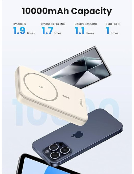 POWER BANK Ugreen "PB561" Magnetic Wireless, 10000mAh, 20W, 1 x USB Type-C output/input, 15W wireless charging, alb, "25208" - 6
