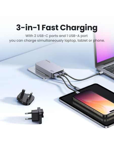 INCARCATOR retea Ugreen Nexode Pro GaN "X753" Quick Charge 65W, ultra-slim, 2 x USB Type-C, 1 x USB, gri "25356" - 6941876223565