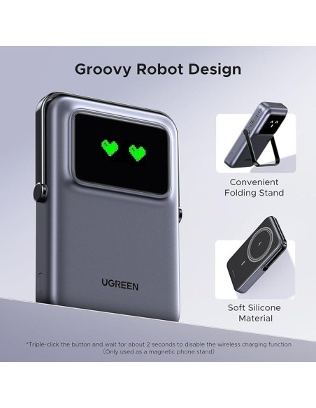 POWER BANK Ugreen "PB764", 10000mAh, 20W, prindere magnetica, wireless charging: Qi 2 15W max, 1 x USB Type-C input/output, gri