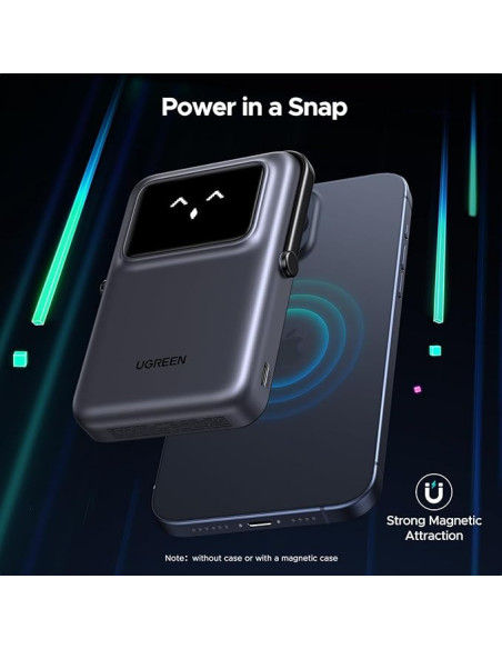 POWER BANK Ugreen "PB764", 10000mAh, 20W, prindere magnetica, wireless charging: Qi 2 15W max, 1 x USB Type-C input/output, gri