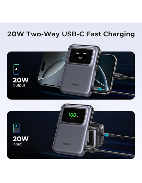 POWER BANK Ugreen "PB764", 10000mAh, 20W, prindere magnetica, wireless charging: Qi 2 15W max, 1 x USB Type-C input/output, gri