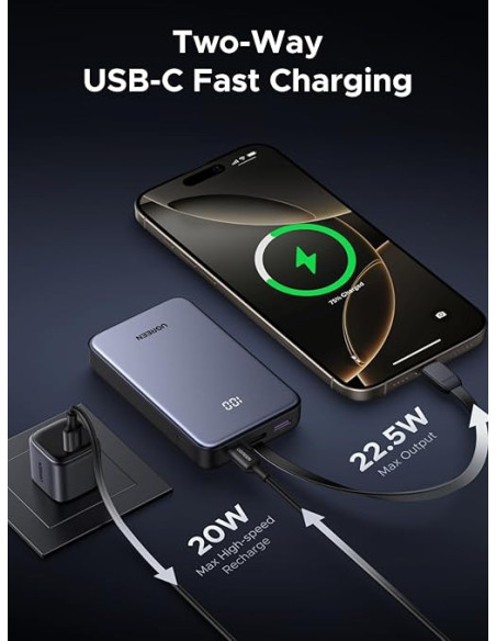 POWER BANK Ugreen "PB505", 20000mAh, 20W, 1 x USB Type-C input/output, cablu USB Type-C integrat, gri "45762"