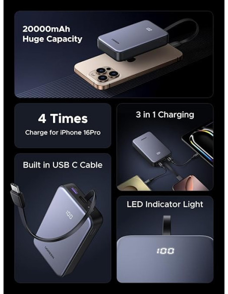 POWER BANK Ugreen "PB505", 20000mAh, 20W, 1 x USB Type-C input/output, cablu USB Type-C integrat, gri "45762"