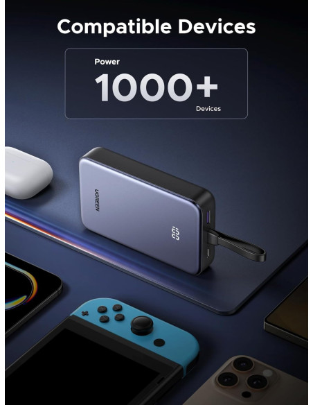 POWER BANK Ugreen "PB505", 20000mAh, 20W, 1 x USB Type-C input/output, cablu USB Type-C integrat, gri "45762"
