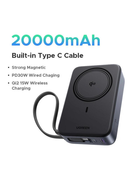 POWER BANK Ugreen "PB567", 20000mAh, 30W PD3.0 , 1 x USB, 1 x USB Type-C, incarcare magnetica 15W, 1 x USB Type-C cablu integrat