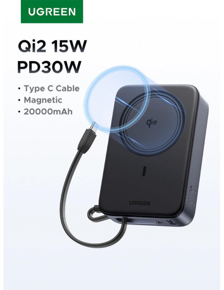 POWER BANK Ugreen "PB567", 20000mAh, 30W PD3.0 , 1 x USB, 1 x USB Type-C, incarcare magnetica 15W, 1 x USB Type-C cablu integrat