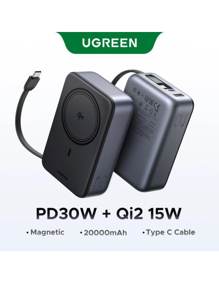 POWER BANK Ugreen "PB567", 20000mAh, 30W PD3.0 , 1 x USB, 1 x USB Type-C, incarcare magnetica 15W, 1 x USB Type-C cablu integrat