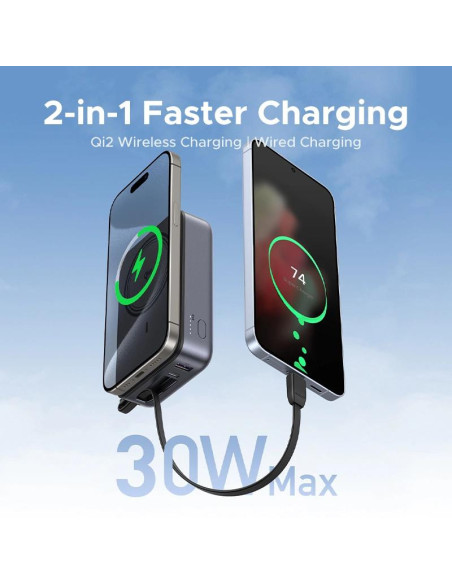 POWER BANK Ugreen "PB567", 20000mAh, 30W PD3.0 , 1 x USB, 1 x USB Type-C, incarcare magnetica 15W, 1 x USB Type-C cablu integrat