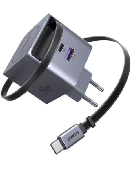 INCARCATOR retea Ugreen GaN "X614" Quick Charge 45W, 2 x USB Type-C, cablu retractabil USB type-C, gri "65822" - 6941876268221