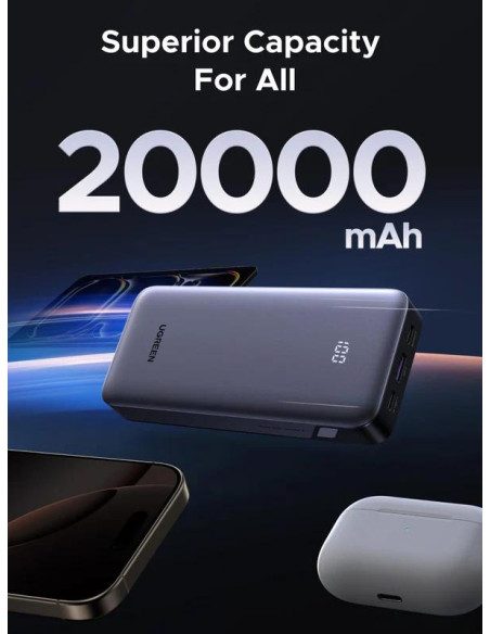 POWER BANK Ugreen, "PB532", 20000mAh, 30W, 2 x USB Type-C input/output, 1 x USB, display, gri, "55989B"