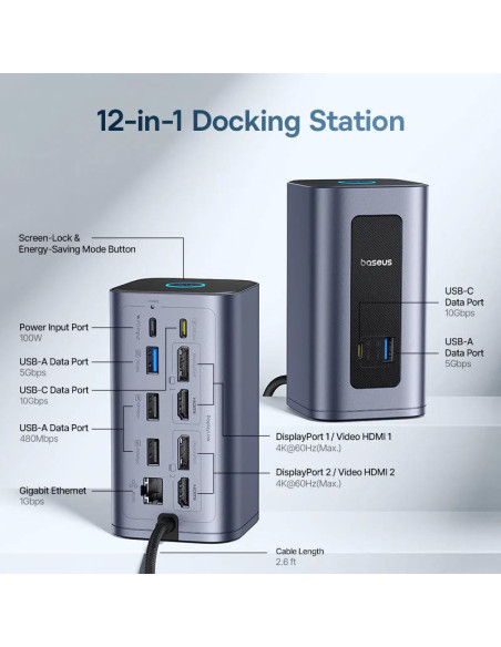 DOCKING Station Baseus Nomos NU1 Air Spacemate 12-in-1, conectare PC USB-C, 2xHDMI 2K@60,2xDP2K@60,2xUSB-C (10Gbps),2xUSB-A 5Gb,