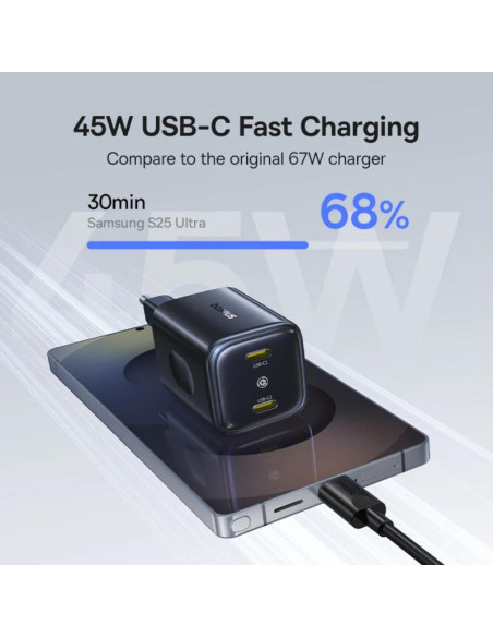 INCARCATOR retea Baseus PicoGo AN13, Quick Charge 45W, 2 x USB Type-C, negru "E0121F00" - 6953156211681