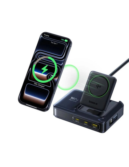 INCARCATOR retea Baseus Nomos NH21 5-in-1, 160W, Qi2 Wireless, 1 x USB, 3 x USB Type-C, cablu retractabil USB Type-C, negru "E01