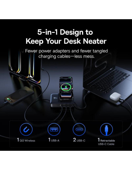 INCARCATOR retea Baseus Nomos NH21 5-in-1, 160W, Qi2 Wireless, 1 x USB, 3 x USB Type-C, cablu retractabil USB Type-C, negru "E01