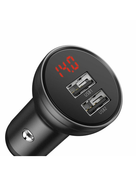 INCARCATOR auto Baseus Digital Display,Quick Charge 24W,2 x USB 5V/4.8A,contine cablu 3 in 1: USB la USB Type-C,microUSB si Ligh