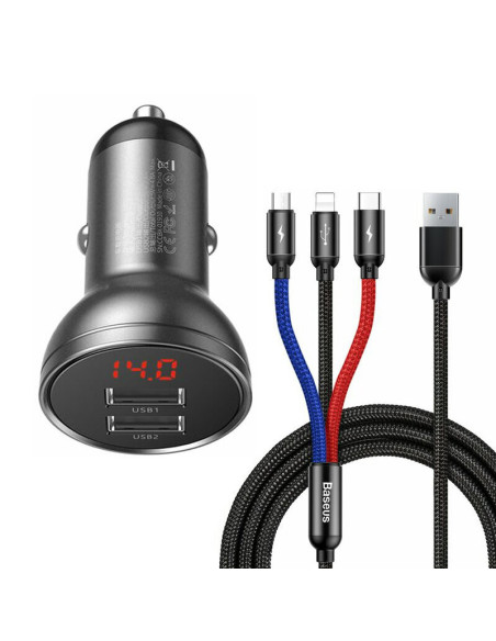 INCARCATOR auto Baseus Digital Display,Quick Charge 24W,2 x USB 5V/4.8A,contine cablu 3 in 1: USB la USB Type-C,microUSB si Ligh