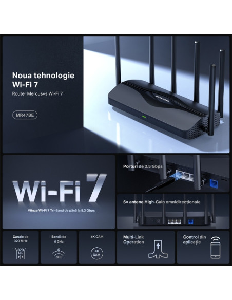 ROUTER MERCUSYS, BE9300, 1× 2.5 Gbps WAN port and 3× 2.5 Gbps LAN, Tri-Band 2.4 / 5 /6 Ghz, Wi-Fi 7, 6 x antene externe, "MR47BE