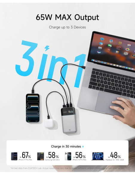POWER BANK Cuktech 15 Power Bank Air, 15000mAh, 100W, 1 x USB, 2 x USB Type-C, digital display pt. status baterie, gri "CKPB150S