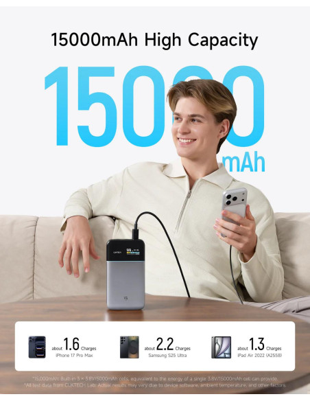 POWER BANK Cuktech 15 Power Bank Air, 15000mAh, 100W, 1 x USB, 2 x USB Type-C, digital display pt. status baterie, gri "CKPB150S