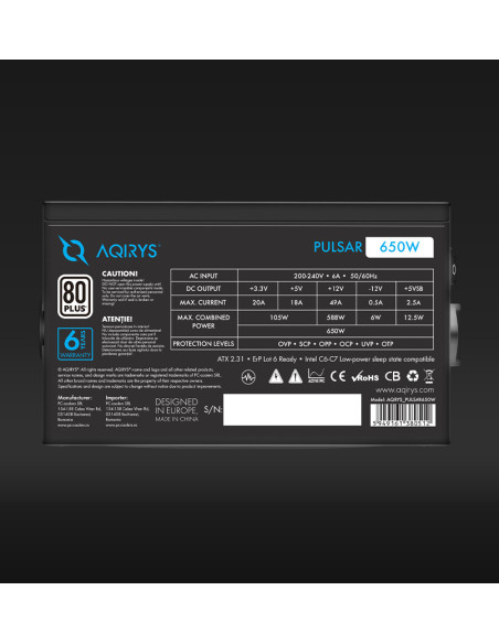 Surse PC AQIRYS Sursa Aqirys Pulsar 650W 80+ White cert