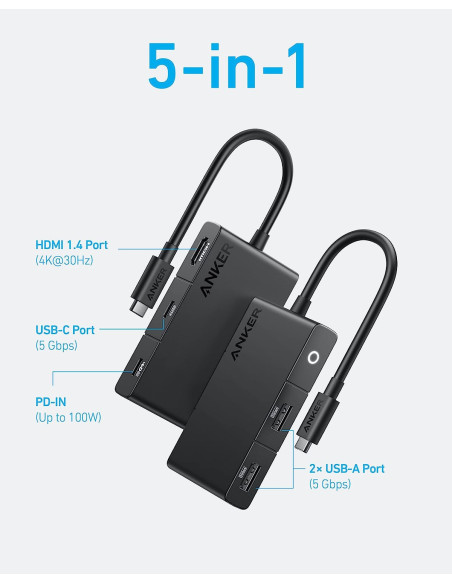 DOCKING Station Anker 5-in-1, porturi: HDMI(M) 4K 30Hz,2xUSB 3.2 gen1, USB Type-C,PD 100W,conectare prin USB Type-C(T),rata tran