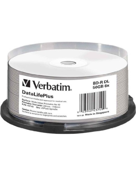 BD-R VERBATIM 50GB, viteza 6x, 25 buc, Double Layer, spindle, printabil, "Wide Inkjet Printable" "43749"
