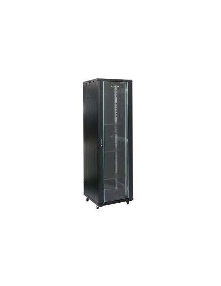 Rack 32U 600x600, montare pe podea, usa din sticla, panouri laterale detasabile si securizate, dezasamblat, culoare negru RAL 90
