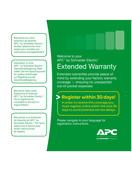 Extensie garantie APC 1 an pentru produs nou valabila pentruSMC1500I/1500I-2U, SMT1000RMI2U/1500I/1500RMI2U/2200I, SMX1500RMI2U