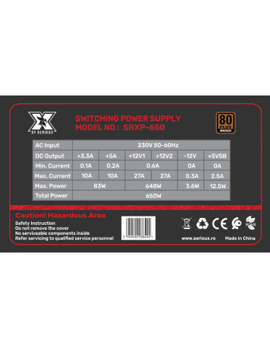 Surse PC SERIOUX SURSA PC SERIOUX 650W 80+...
