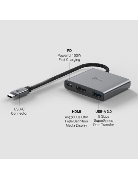 DOCKING STATION TP-Link, USB 3.0 x 1, USB Type-C PD x 1, HDMI x 1 , conectare prin USB Type-C,lungime cablu 18 cm, gri, "UH3020C
