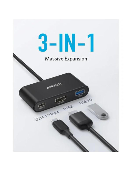 DOCKING Station Anker 3-in-1, porturi: HDMI (M) 4K 30Hz, USB 3.2 gen 1, PD 100W, , conectare prin USB Type-C (T), rata transfer