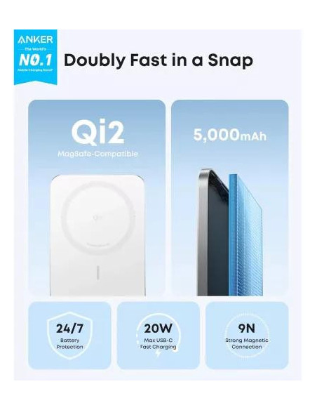 POWER BANK Anker "Nano" 5.000 mAh, 15W MagGo, slim, magnetic, wireless, 1 x USB-C incarcare, 122g, alb, "A1665H21" - 19464423545