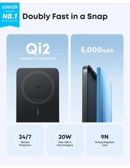 POWER BANK Anker "Nano" 5.000 mAh, 15W MagGo, slim, magnetic, wireless, 1 x USB-C incarcare, 122g, negru, "A1665H11" - 194644235