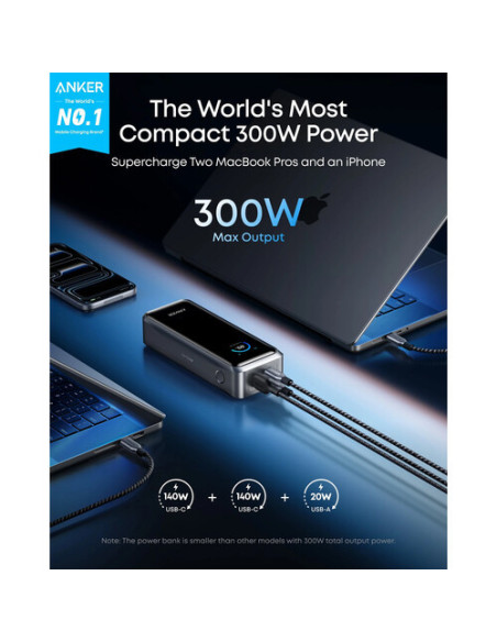 POWER BANK Anker "Prime" 26.250 mAh, 300W PowerIQ 4.0, 2 x USB-C, 1 x USB-A, afisaj LED, conectare Bluetooth, control prin app,