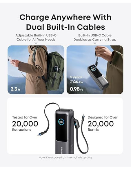POWER BANK Anker 25.000 mAh, 165W 2 x cablu USB-C incorporat, 3 x USB-C (max 100W per port), 1 x USB-A (max 30W), afisaj LED, 59
