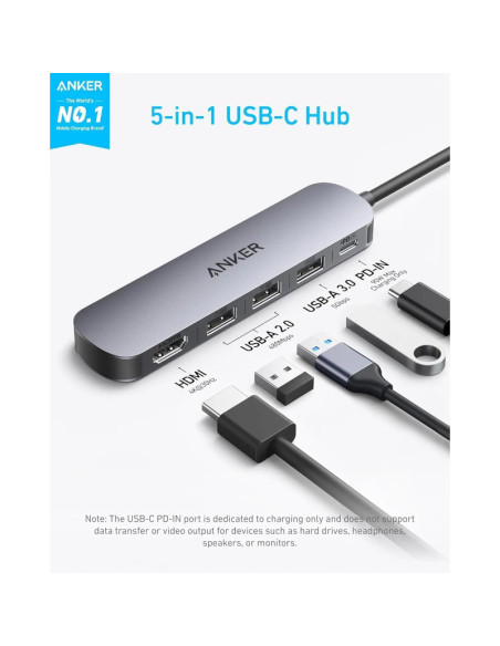 DOCKING Station Anker 5-in-1, porturi: 1 x USB-C, 3 x USB-A, 1 x HDMI 4K la 30Hz, PD 90W, conectare prin USB-C, gri, "A8357HA0"